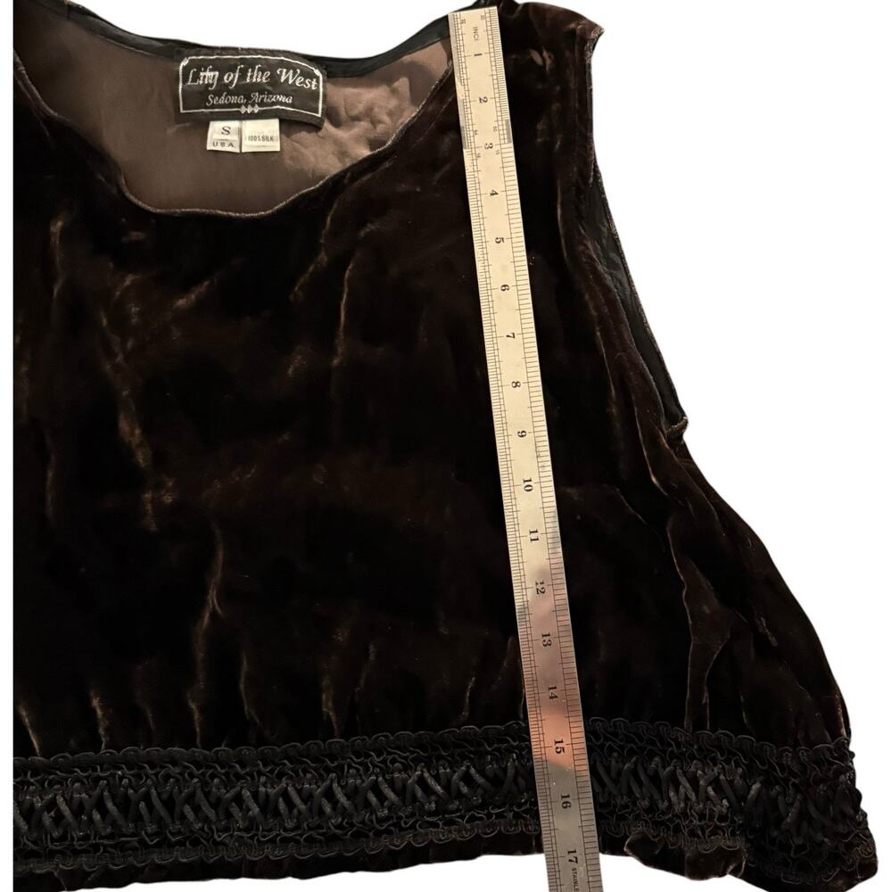 VTG 100% Silk Velvet Lace Trim Boho Y2K Crop Top Dark Brown Sleeveless Festival - Picture 8 of 10